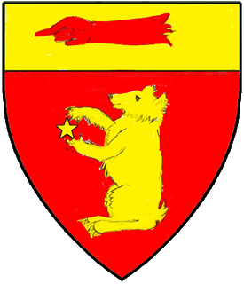 Gules, a bear sejant erect maintaining a mullet and on a chief Or a cubit arm erased, index finger extended gules.