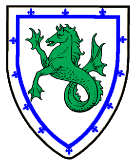 Argent, a seahorse erect vert within an orle flory on the outer edge azure.