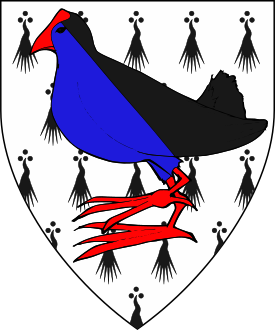 Ermine, a porphyrio per bend sable and azure beaked and legged gules.