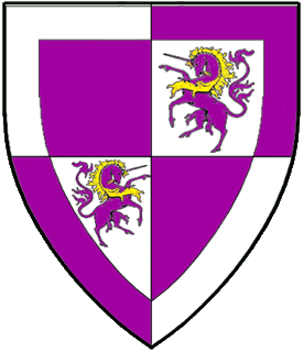Quarterly purpure and argent, in bend sinister two unicorns combatant purpure crined Or, a bordure counterchanged.