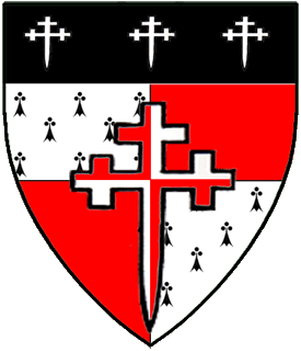 Quarterly ermine and gules, a cross crosslet fitchy counterchanged gules and argent, on a chief sable, three crosses crosslet fitchy argent.