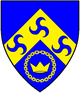 Azure, on a chevron Or three triskeles azure, in base a coronet within an annulet of chain Or.