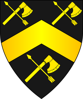 Sable, a chevron between three pairs of an arrow inverted and an axe in saltire Or.