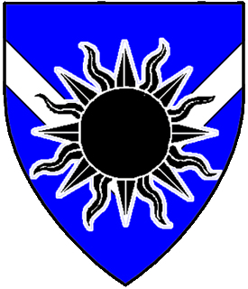 Azure, a chevronel inverted argent, overall a sun sable, fimbriated argent.