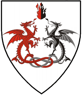 Argent, two dragons combattant tails nowed to base in a Ormond knot the dexter dragon gules and the sinister dragon sable and in chief a flame per pale gules and sable.