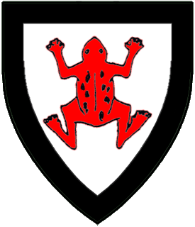 Argent, a frog gules spotted within a bordure sable.
