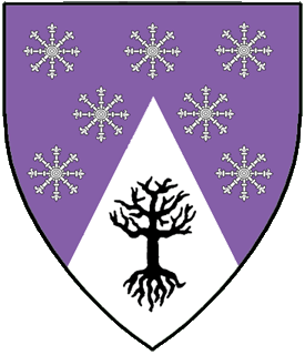 Per chevron purpure semy of escarbuncles and argent, in base a tree blasted and eradicated sable.