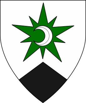 Argent, on a mullet of five greater and five lesser points vert an increscent argent, a point pointed sable.