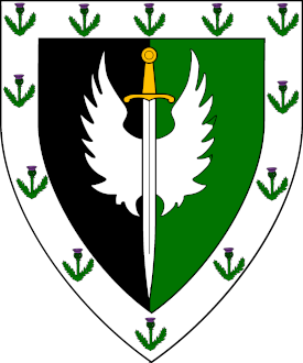 Per pale sable and vert, a sword inverted proper winged argent within a bordure argent semy of thistles proper.