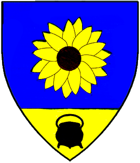 Azure, a sunflower proper and on a base Or a cauldron sable.