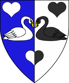 Per pale azure and argent, two swans naiant respectant, wings addorsed, between three hearts counterchanged argent and sable.