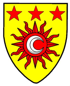 Or, on a sun gules a decrescent argent, in chief three mullets gules.