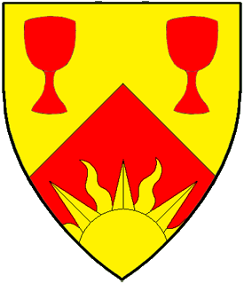 Per chevron Or and gules, two cups and issuant from base a demi-sun counterchanged.