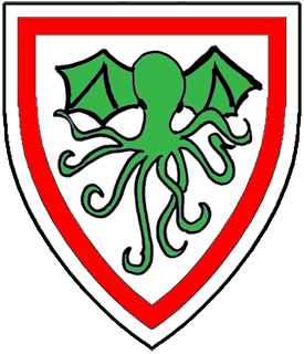 Argent, a bat-winged polypus vert and an orle gules.
