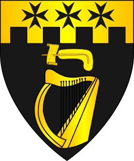 Sable, a harp and on a chief embattled Or three Maltese crosses sable, for augmentation in chief an ostrich plume fesswise transfixing an escroll Or. 
