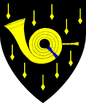 Sable semy of musical notes, a spiral hunting horn Or stringed azure.