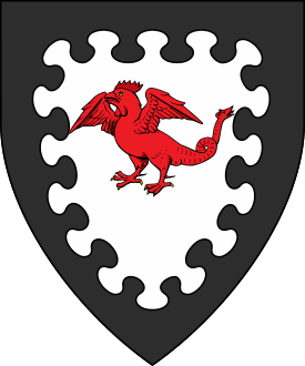 Argent, an amphysian cockatrice gules within a bordure nebuly sable.