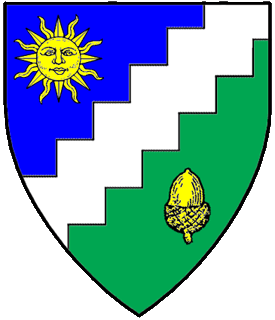 Per bend sinister azure and vert, a bend sinister dancetty argent between a sun in splendor and an acorn inverted Or.