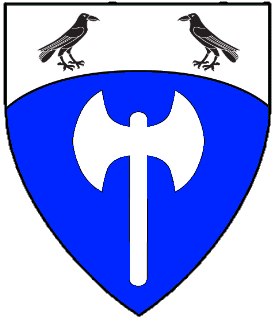 Azure, a double-bitted axe and on a chief enarched argent two ravens respectant sable.
