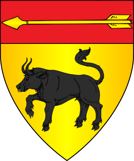 Or, a bull passant sable, on a chief gules an arrow reversed Or.