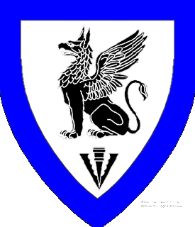 Argent, a gryphon sejant wings elevated and addorsed and in base a pheon sable, a bordure azure.