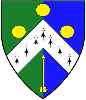 Per pale vert and azure, a chevron ermine between three roundels in chevron and an arrow inverted Or.