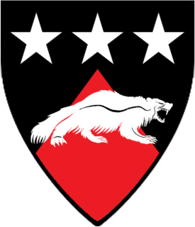 Per chevron sable and gules, a wolverine passant contourny and in chief three mullets argent