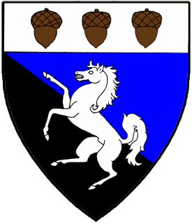 Per bend azure and sable, a horse rampant and on a chief argent three acorns proper.