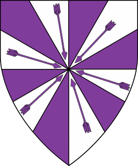 Gyronny of twelve purpure and argent, six arrows in annulo points to center purpure.