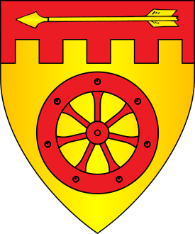 Or, a wheel and on a chief embattled gules an arrow reversed Or.