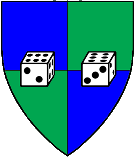 Quarterly azure and vert, in fess two dice argent spotted sable.