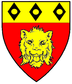 Gules, a lion's head cabossed and on a chief Or three rustres sable.