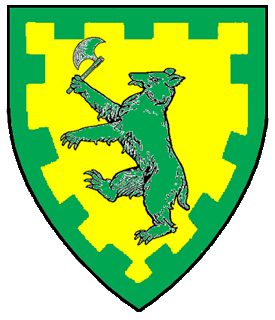 Or, a bear rampant, maintaining an axe, within a bordure embattled vert.