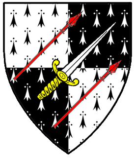 Quarterly ermine and counter-ermine, a sword bendwise sinister proper between two spears bendwise sinister gules.