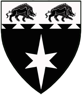 Sable, a mullet of six points elongated palewise and on a chief dovetailed argent two boars statant contourny sable.