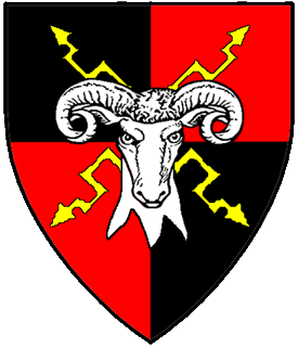 Quarterly sable and gules two lightning bolts in saltire Or, overall a ram's head erased affronty argent.