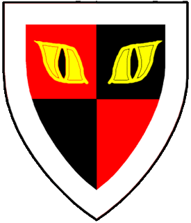 Quarterly gules and sable, in chief two cat's eyes Or pupilled sable, a bordure argent.