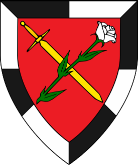 Gules, in saltire a sword inverted Or and a garden rose argent, slipped proper, within a bordure gyronny sable and argent.