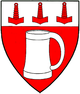 Gules, a tankard and on a chief argent three Thor's hammers gules.