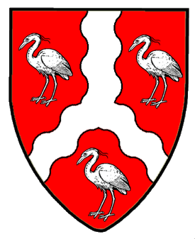 Gules, a pall wavy inverted between three herons argent.