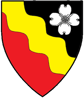 Per bend sable and gules, a bend wavy Or and in chief a New World dogwood blossom argent.