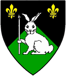 Per chevron sable and vert, a coney sejant guardant maintaining a spear argent and in chief two fleurs-de-lys Or.