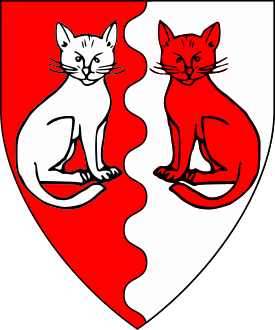 Per pale wavy gules and argent, two domestic cats sejant guardant respectant counterchanged.