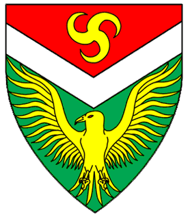 Per chevron inverted gules and vert, a chevron inverted argent between a triskele and a falcon displayed Or.