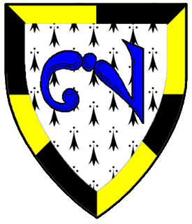 Ermine, a fleam fesswise to sinister azure within a bordure gyronny Or and sable.