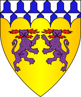 Or, two panthers combattant gardant purpure spotted argent incensed gules, a chief engrailed vair.
