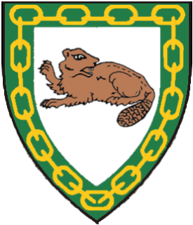  Argent, a beaver couchant reguardant dexter foreleg raised proper and on a bordure vert an orle of chain Or.
