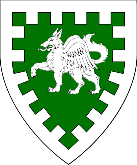 Vert, a winged wolf passant, wings inverted and addorsed, within a bordure embattled argent.