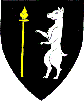 Sable, in fess a boar spear Or and a dog statant erect argent.