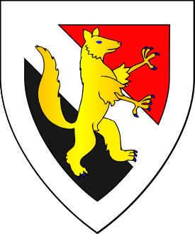 Per bend gules and sable, a bend argent surmounted by an enfield rampant contourny Or, a bordure argent.
